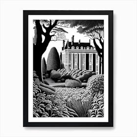 Mount Stewart House And Gardens, United Kingdom Linocut Black And White Vintage Art Print