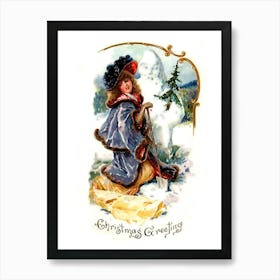 Lady Is Posing With A Snowman, Victorian Holiday Poster Art Print