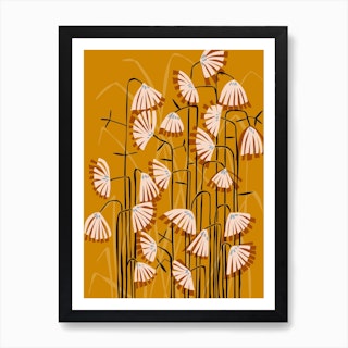 Linocut Flower Meadow Mustard Yellow Art Print