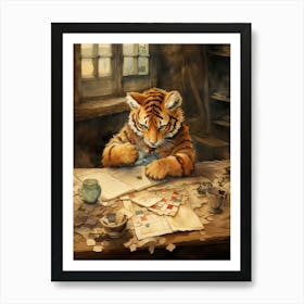 Tiger Illustration Solving Puzzles Watercolour 3 Art Print