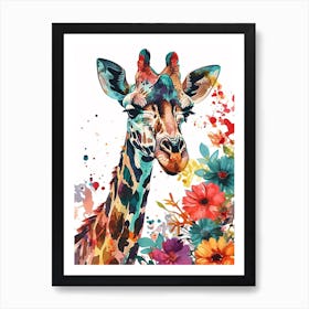 Giraffe With Flowers Watercolour 1 Art Print