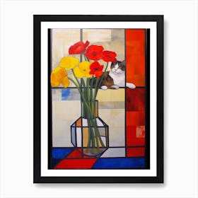 Lisianthus With A Cat 3 De Stijl Style Mondrian Art Print