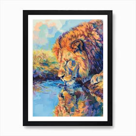 Southwest African Lion Drinking From A Watering Hole Fauvist Painting 2 Art Print