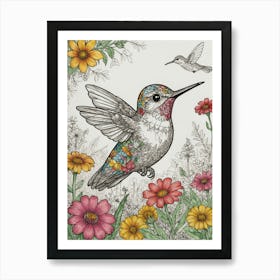 Hummingbird With Flowers 2 Art Print