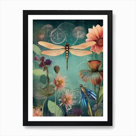 Dragonfly Collage Bright Colours 6 Art Print