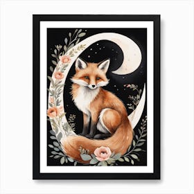Floral Cute Fox Watercolor Moon Paining (15) Art Print