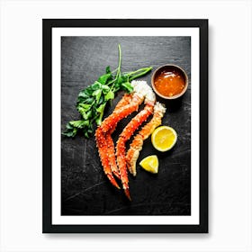 Seafood. Crab, herbs, lemon — Food kitchen poster/blackboard, photo art Art Print