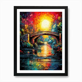 River & Bridge at Sunset, Abstract Vibrant Colorful Painting in Van Gogh Style Art Print