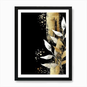 Gold Leaves On Black Background 9 Art Print