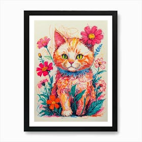 Cat In Flowers 1 Art Print