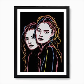 Women In Black And White Line Art Neon 3 Art Print