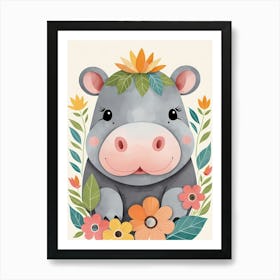 Floral Baby Hippo Nursery Illustration (56) Art Print
