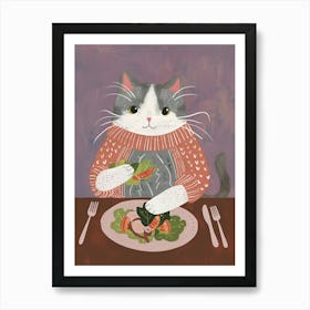 Cute Grey Cat Eating Salad Folk Illustration 3 Art Print