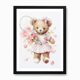 Badminton Teddy Bear Painting Watercolour 3 Art Print