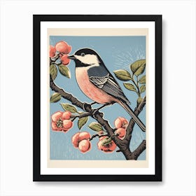 Vintage Bird Linocut Carolina Chickadee 4 Art Print