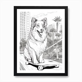 Shetland Sheepdog (Sheltie) Dog Skateboarding Line Art 2 Art Print