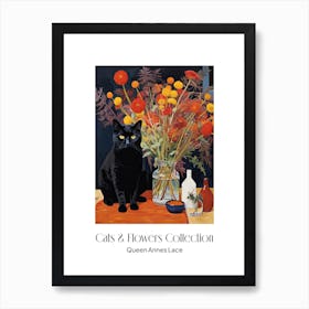 Cats & Flowers Collection Queen Annes Lace Flower Vase And A Cat, A Painting In The Style Of Matisse 1 Art Print