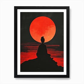 Asian Woman In Meditation, Red Moon Art Print