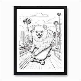 Pomeranian Dog Skateboarding Line Art 2 Art Print