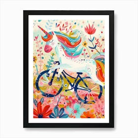 Floral Fauvism Style Unicorn Riding A Bike 3 Art Print