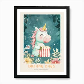 Cute Pastel Unicorn Eating Popcorn Blue Background 1 Poster Art Print