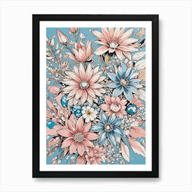 Pink & Blue Floral Bouquet no1 Art Print