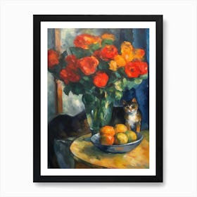 Flower Vase Anemone With A Cat 1 Impressionism, Cezanne Style Art Print