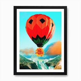 Collage Art Hot Air Balloon Red In Blue Art Print