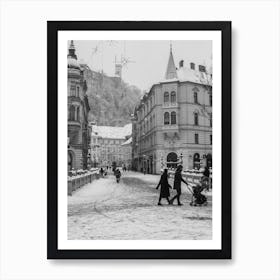 Snowy Day In The Old Center Of Ljubljana Art Print