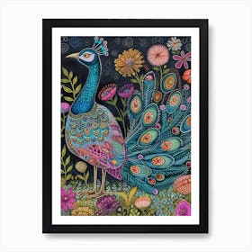 Folky Floral Peacock At Night 2 Art Print