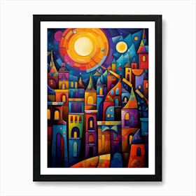 Old Town at Moonlight, Vibrant Colorful Abstract Painting in Cubism Style Art Print