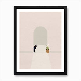 Minimal art of cat behind the door Art Print