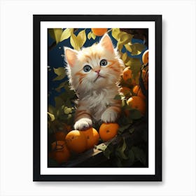 A little kitten climbs up a tree with oranges. 6 Art Print