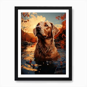 Labrador in a lake at sunset Art Print