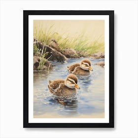 Ducklings Splashing Around Japanese Woodblock Style 1 Art Print