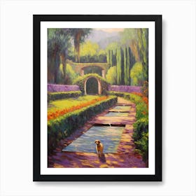 A Painting Of A Dog In Alhambra Gardens, Spain In The Style Of Impressionism 02 Art Print