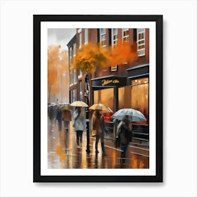 Amsterdam cafes, autumn season, rain, autumn oil colours.Faded colours,People passing on the street, winter clothes, rain umbrellas.7 2 Art Print