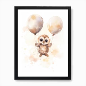 Baby Owl Flying With Ballons, Watercolour Nursery Art 1 Art Print
