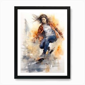 Girl Skateboarding In Berlin, Germany Watercolour 3 Art Print