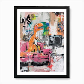 Dinosaur Watching Tv Pink Graffiti Brushstroke 2 Art Print