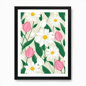 Bouquet Of Spring Flowers Including Tulips White Roses And Daisies Set Against A Botanical Garden (4) Art Print