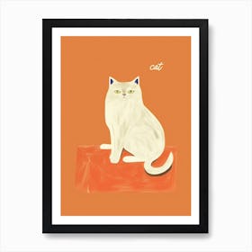 White Cat Orange Background Illustration 1 Art Print