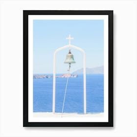 Milos, Greece I The church, its bell, its cross over Mediterranean sea and blue white architecture with a minimalist geometric mountain panorama photography and summer pastel aesthetic from Cyclades islands Art Print