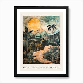 Dinosaur Under The Moon Painting Poster Art Print