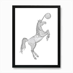 Unicorn Playing Basketball Black & White Illustration 1 Art Print