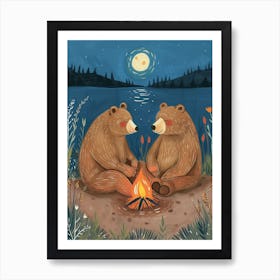 Two Sloth Bears Sitting Together By A Campfire Storybook Illustration 4 Art Print