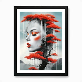 Abstract Surreal Portrait with Red Bonsai Tree Art Print