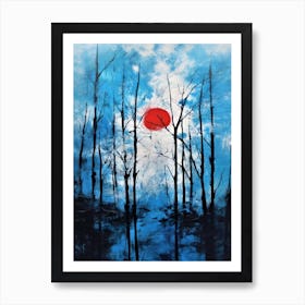 Red Moon Rising - Blue Sky Black Trees With Red Moon Art Print