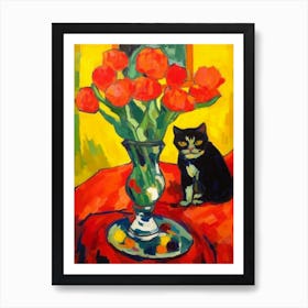 Tulips With A Cat 1 Fauvist Style Painting Art Print