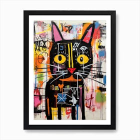 Graffiti Whispers: Black Cat in Basquiat's style World Art Print